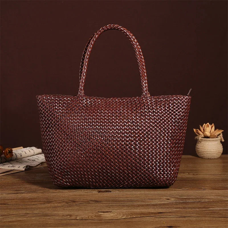 Handwoven Genuine Leather Tote Bag – Triple-Jump Bamboo Weave | Two Sizes, Leather Base, Zip Closure, 5 Colourways - Image 9
