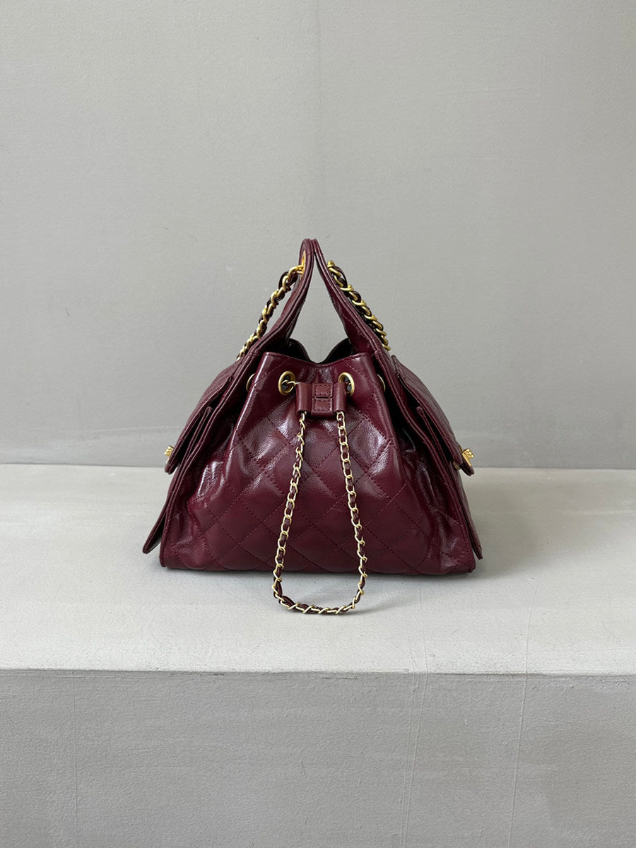 Quilted Diamond Leather Drawstring Hobo Bag – Gold Chain Strap | Lambskin & Cowhide Shoulder Bag for Women