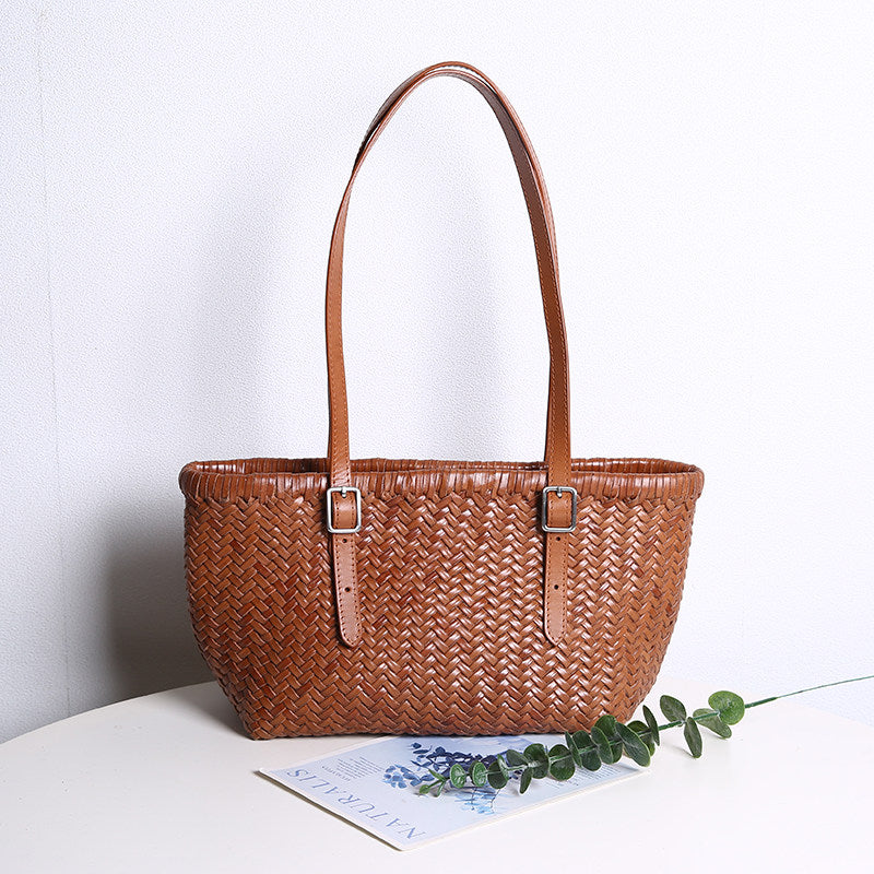Handwoven Cowhide Leather Basket Tote Bag | Women's Shoulder Hobo Bag