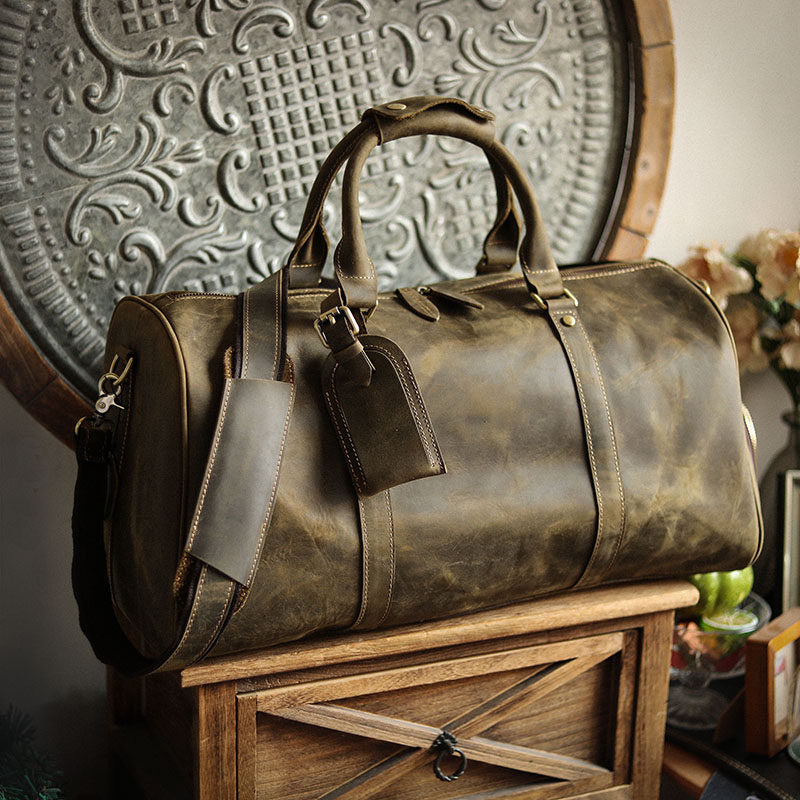 Men’s Full Grain Leather Travel Duffel, Large Crazy Horse Leather Carry-On Bag for Business, Leather Weekender, Camping & Short Trips