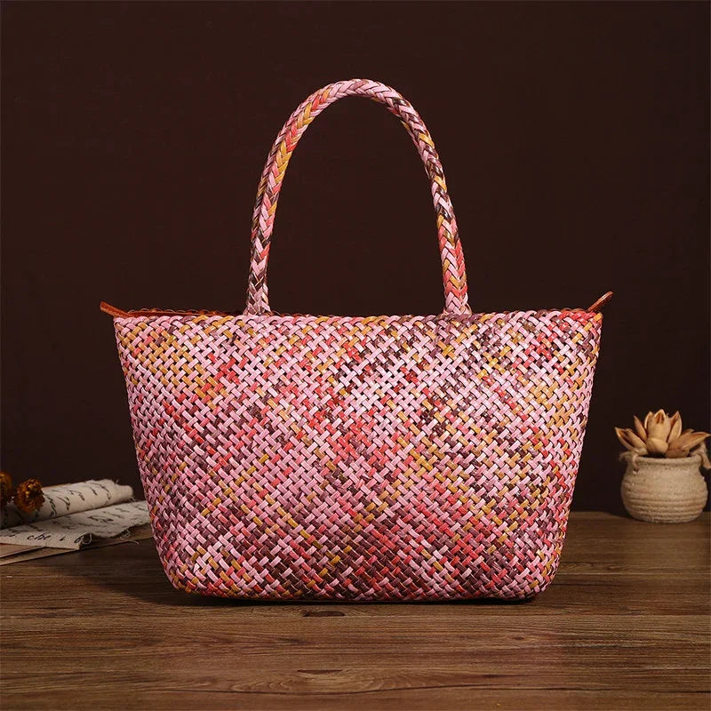 Handwoven Genuine Leather Tote Bag – Triple-Jump Bamboo Weave | Two Sizes, Leather Base, Zip Closure, 5 Colourways