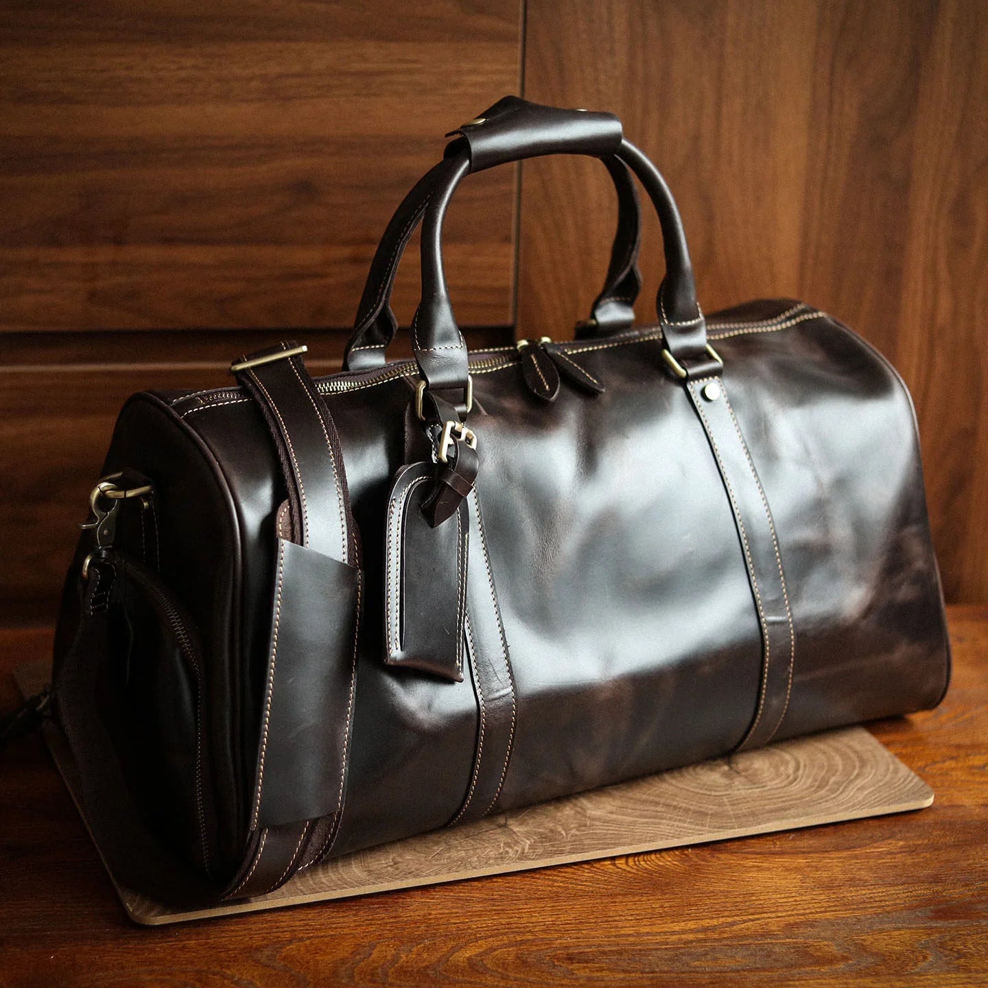 Men's Handmade FullGrain Leather Travel Duffel – Large Crazy Horse Leather Weekender | Carry-On Bag for Business, Camping & Short Trips
