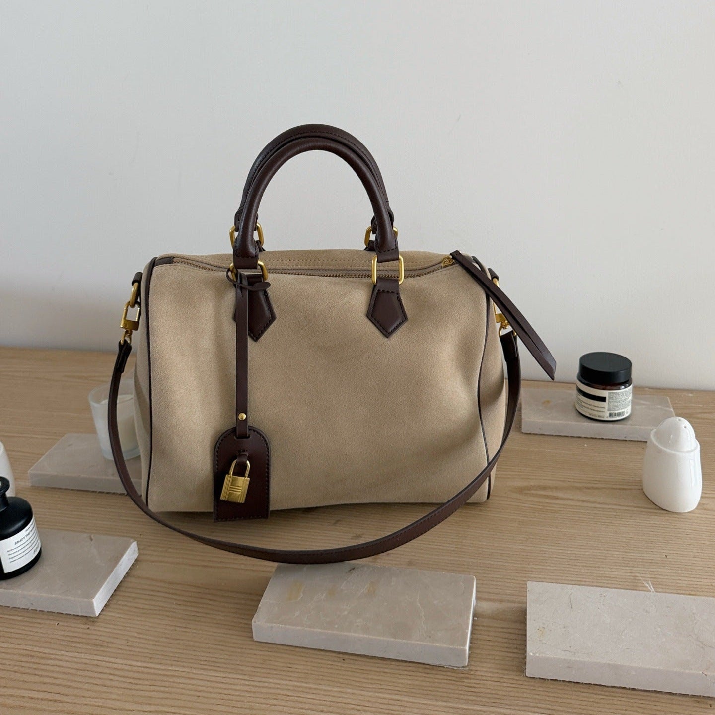 Handcrafted Suede Leather Boston Bag for Women | Padlock Charm Shoulder& Crossbody Bag | Handcrafted Matte Cowhide Top Handle Purse