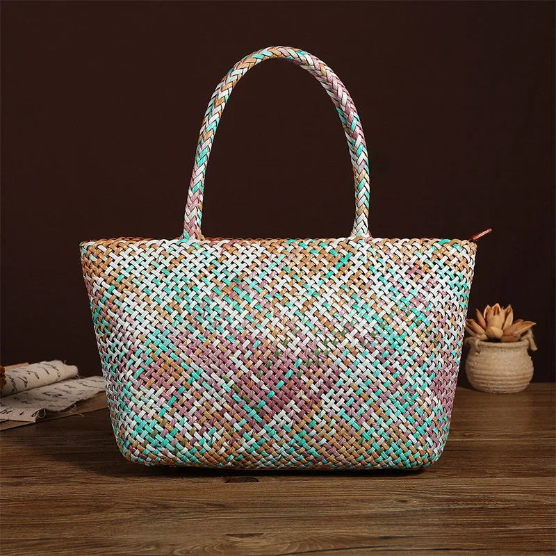 Handwoven Genuine Leather Tote Bag – Triple-Jump Bamboo Weave | Two Sizes, Leather Base, Zip Closure, 5 Colourways