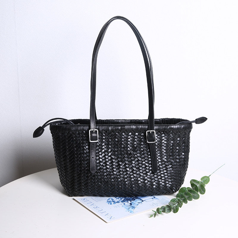 Handwoven Cowhide Leather Basket Tote Bag | Women's Shoulder Hobo Bag