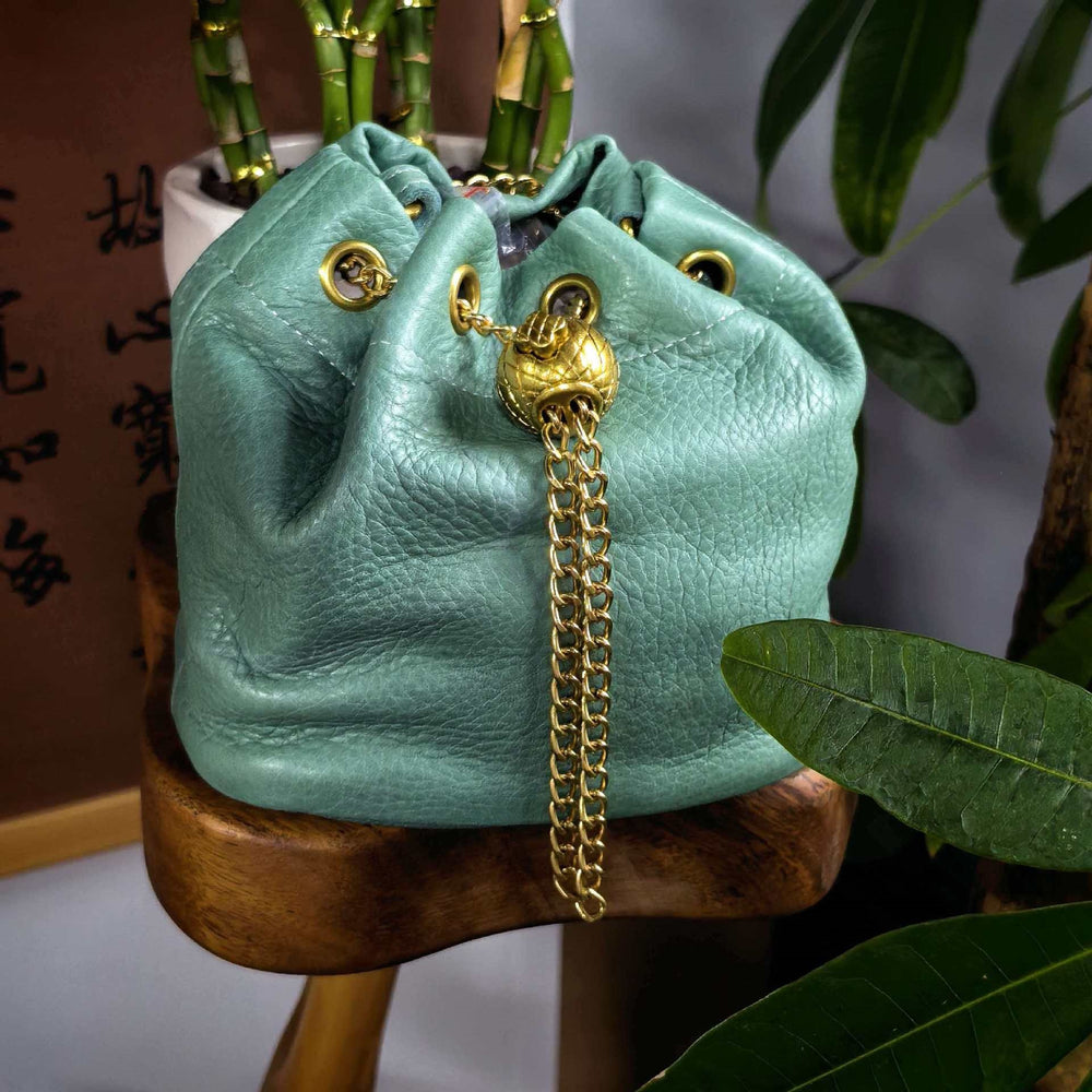 Handcrafted Top Grain Cowhide Leather Mini Bucket Bag | Women's Drawstring Chain Crossbody Purse