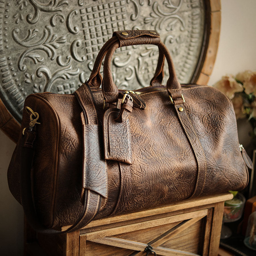 Men’s Full Grain Leather Travel Duffel, Large Crazy Horse Leather Carry-On Bag for Business, Leather Weekender, Camping & Short Trips