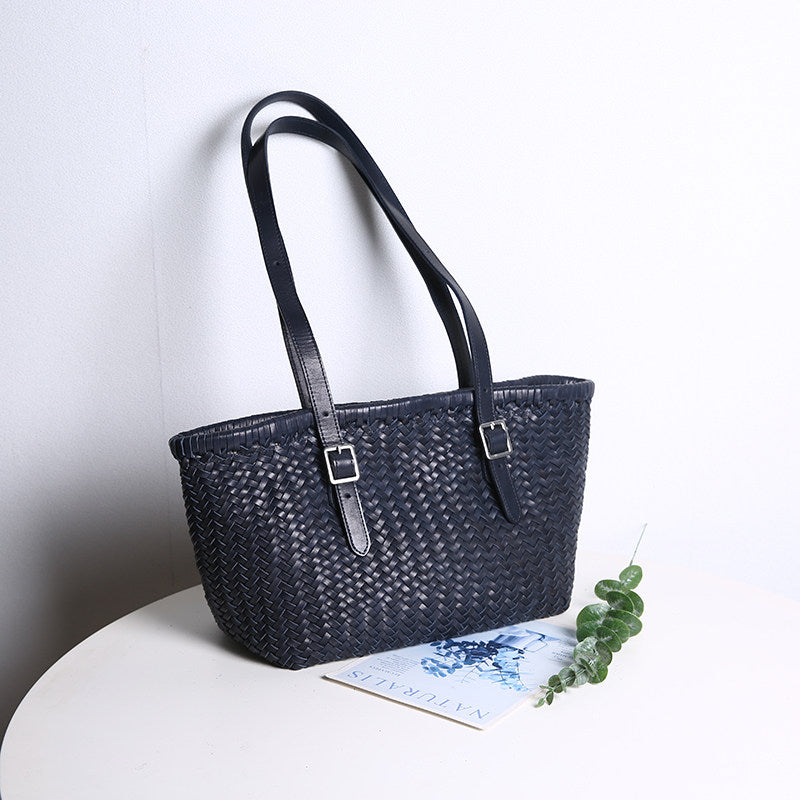 Handwoven Cowhide Leather Basket Tote Bag | Women's Shoulder Hobo Bag