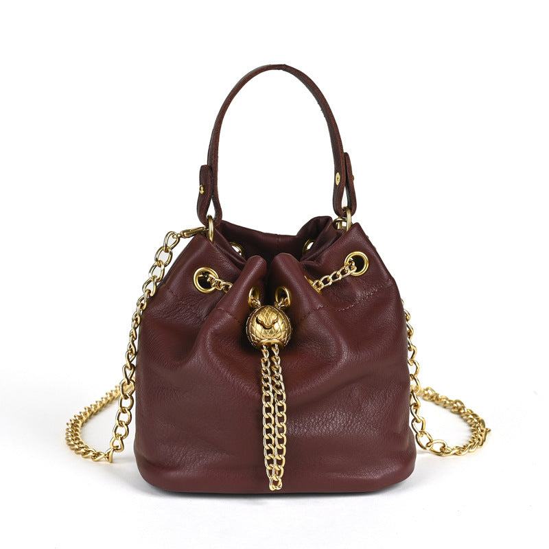 Handcrafted Top Grain Cowhide Leather Mini Bucket Bag | Women's Drawstring Chain Crossbody Purse