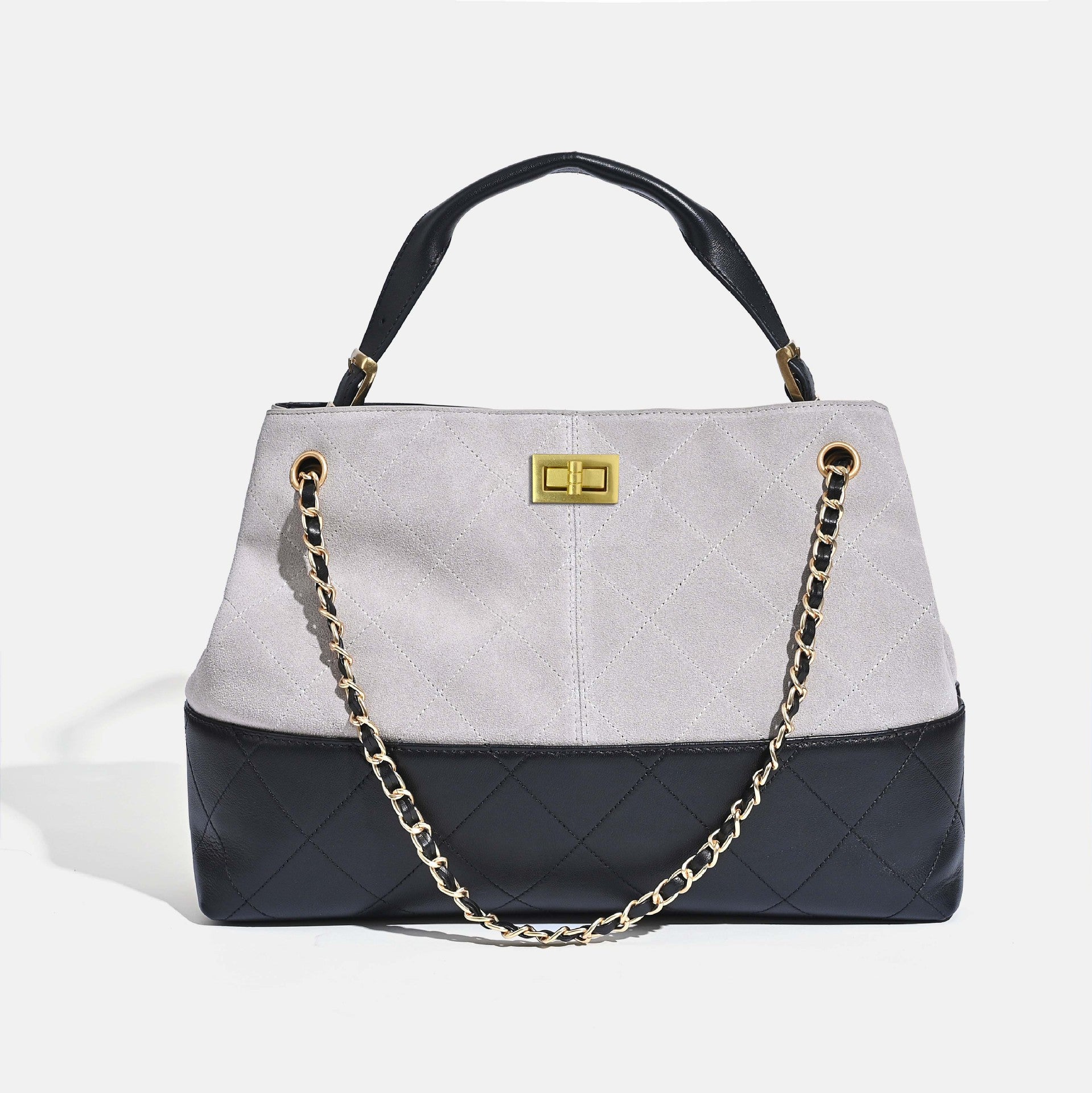 Quilted Lambskin and Suede Leather Chain Tote Bag | Women's Vintage Two-Tone Shoulder & Crossbody Bag