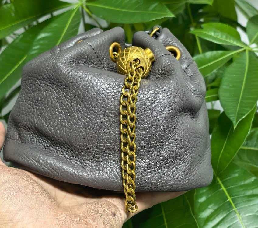 Handcrafted Top Grain Cowhide Leather Mini Bucket Bag | Women's Drawstring Chain Crossbody Purse