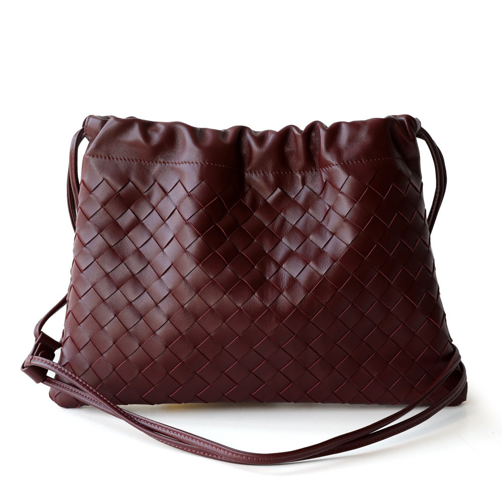 Luxurious Handwoven Lambskin Handbag Drawstring, Genuine Leather Shoulder Bucket Bag for Women
