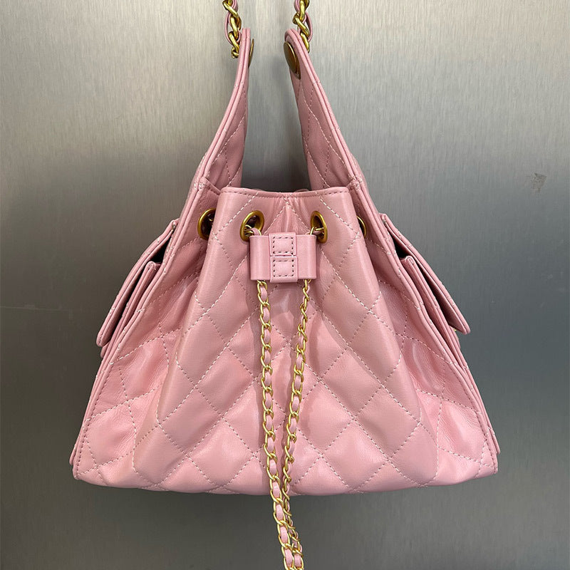 Quilted Diamond Leather Drawstring Hobo Bag – Gold Chain Strap | Lambskin & Cowhide Shoulder Bag for Women