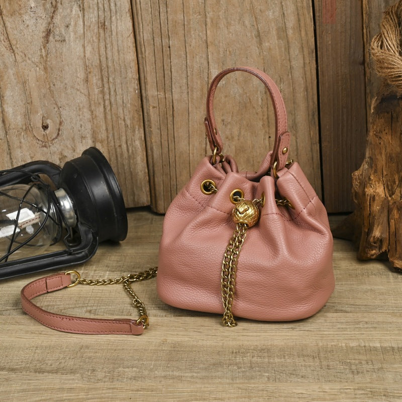 Handcrafted Top Grain Cowhide Leather Mini Bucket Bag | Women's Drawstring Chain Crossbody Purse