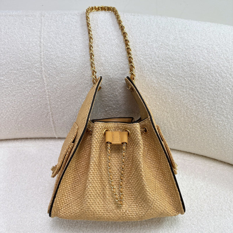 Quilted Diamond Leather Drawstring Hobo Bag – Gold Chain Strap | Lambskin & Cowhide Shoulder Bag for Women