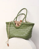 Sage Green Handmade Woven Leather Tote Bag, Full Grain Leather Hand Woven Triple Jump Bamboo Ladies HoBo Bag, Curve Opening Summer Holiday Bag