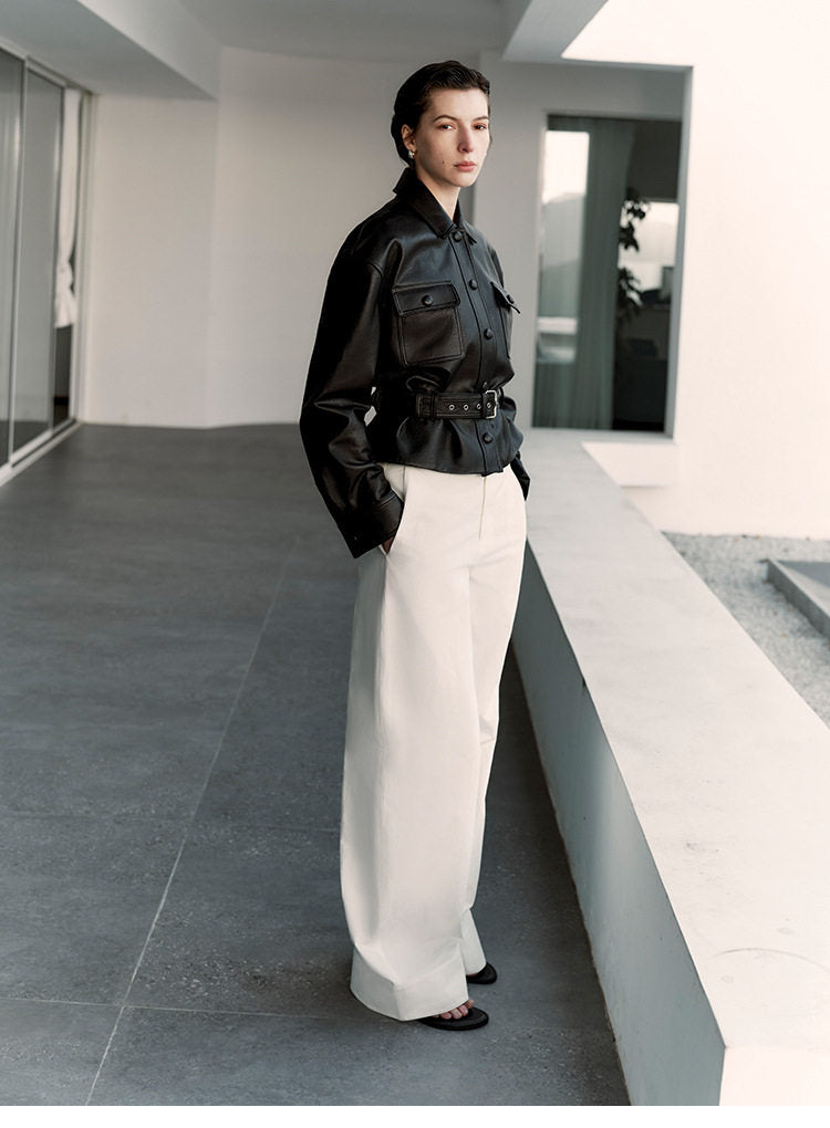 Sheepskin Leather Shirt Jacket for Women | Belted Cropped Moto Coat | Handcrafted Genuine Leather Overshirt