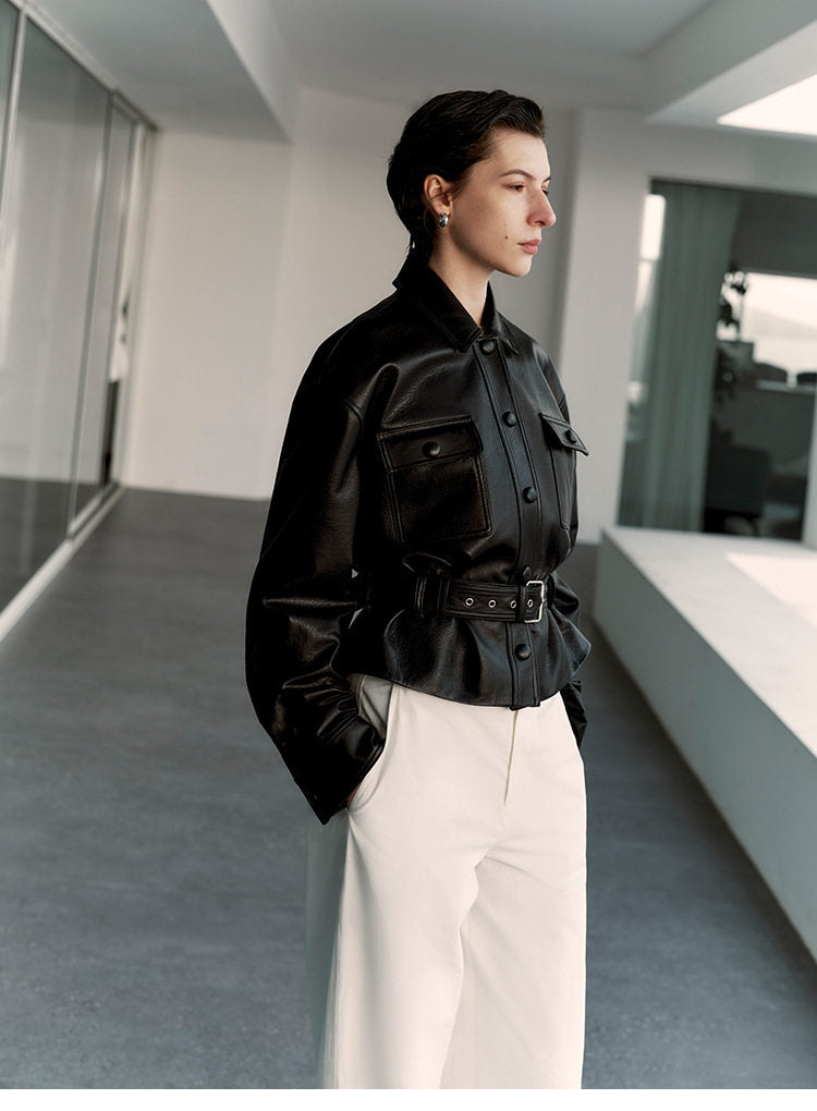 Sheepskin Leather Shirt Jacket for Women | Belted Cropped Moto Coat | Handcrafted Genuine Leather Overshirt