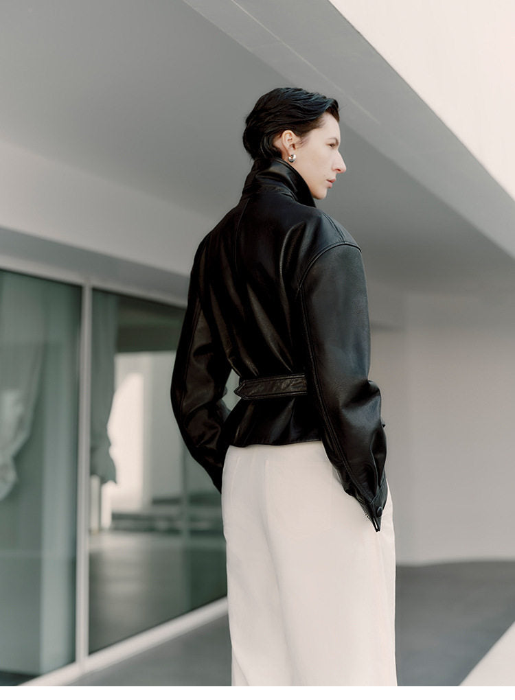 Sheepskin Leather Shirt Jacket for Women | Belted Cropped Moto Coat | Handcrafted Genuine Leather Overshirt