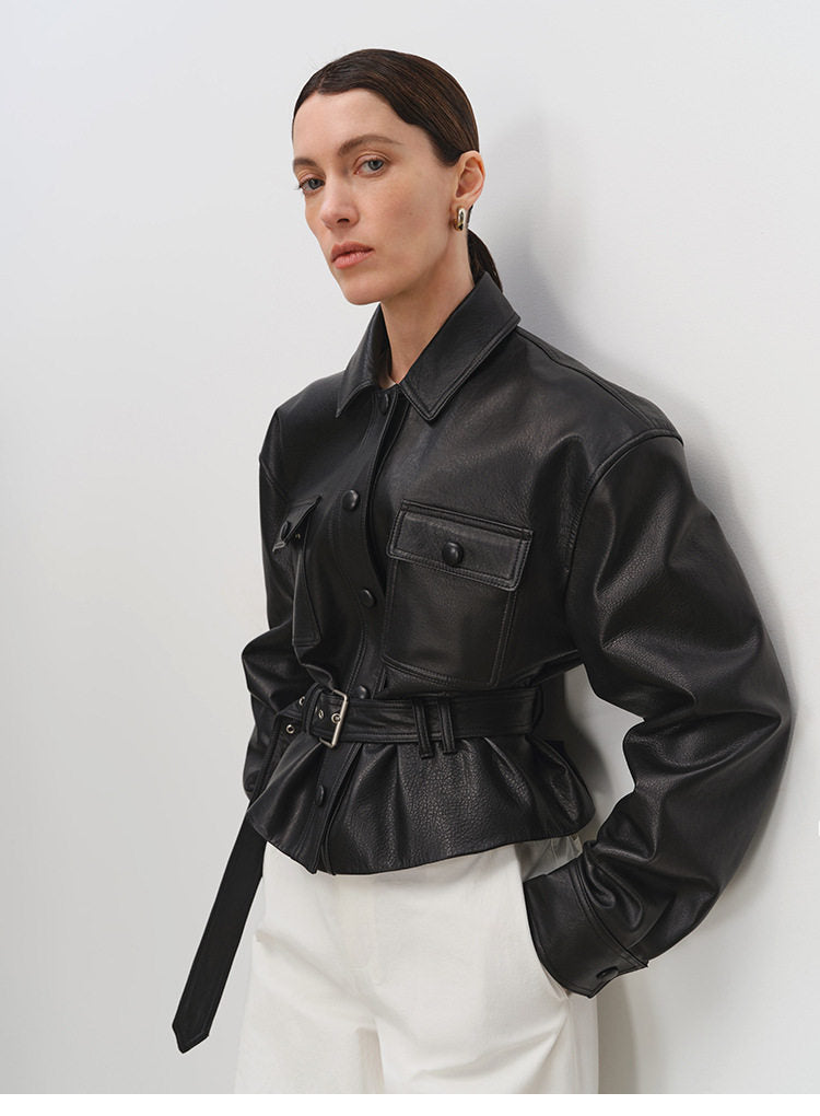 Sheepskin Leather Shirt Jacket for Women | Belted Cropped Moto Coat | Handcrafted Genuine Leather Overshirt