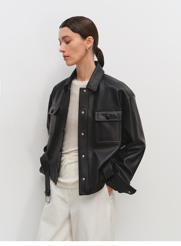 Sheepskin Leather Shirt Jacket for Women | Belted Cropped Moto Coat | Handcrafted Genuine Leather Overshirt