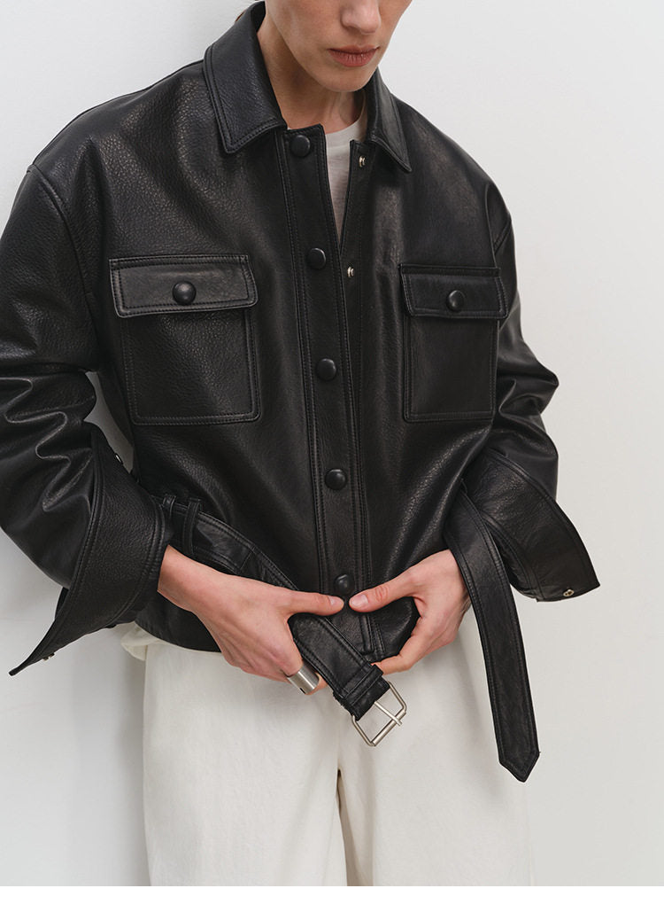 Sheepskin Leather Shirt Jacket for Women | Belted Cropped Moto Coat | Handcrafted Genuine Leather Overshirt