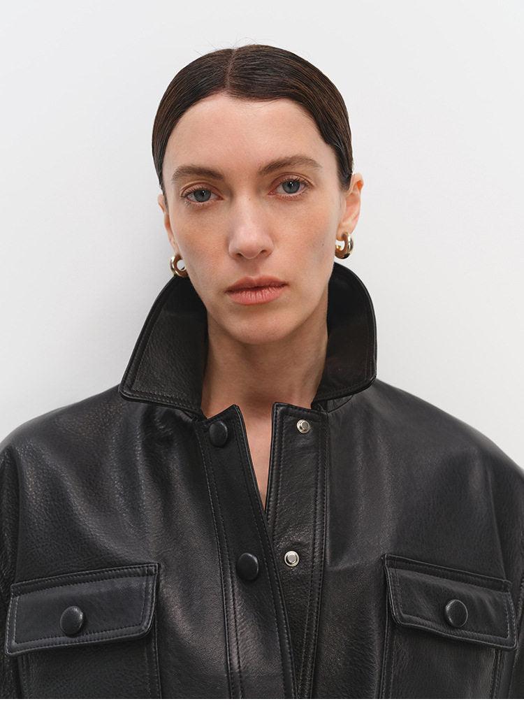 Sheepskin Leather Shirt Jacket for Women | Belted Cropped Moto Coat | Handcrafted Genuine Leather Overshirt