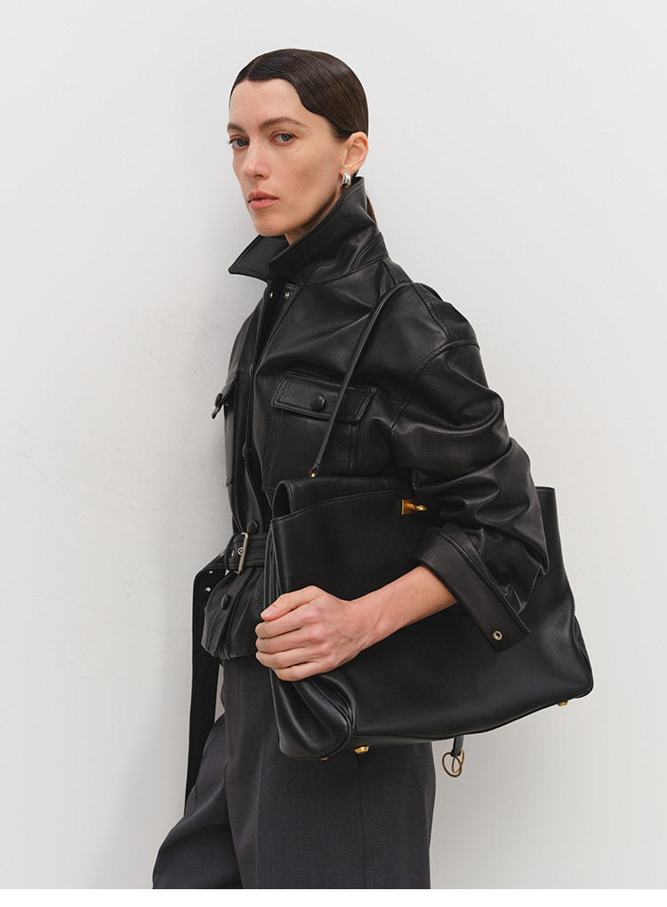 Sheepskin Leather Shirt Jacket for Women | Belted Cropped Moto Coat | Handcrafted Genuine Leather Overshirt