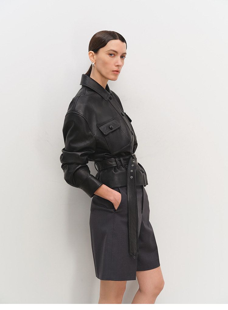 Sheepskin Leather Shirt Jacket for Women | Belted Cropped Moto Coat | Handcrafted Genuine Leather Overshirt