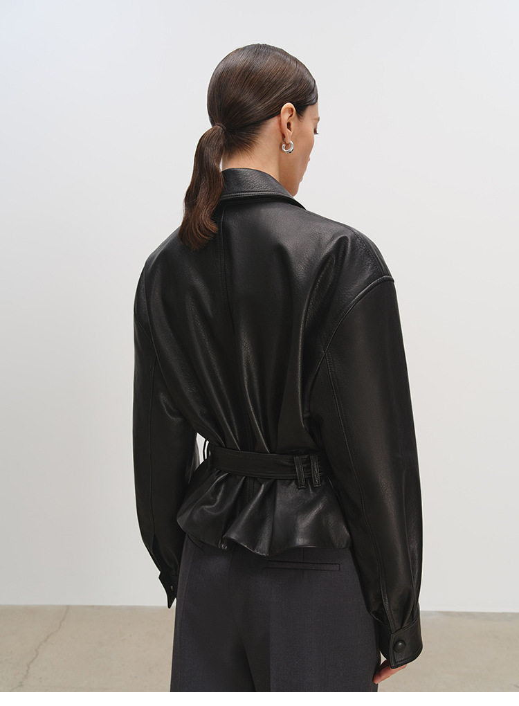 Sheepskin Leather Shirt Jacket for Women | Belted Cropped Moto Coat | Handcrafted Genuine Leather Overshirt