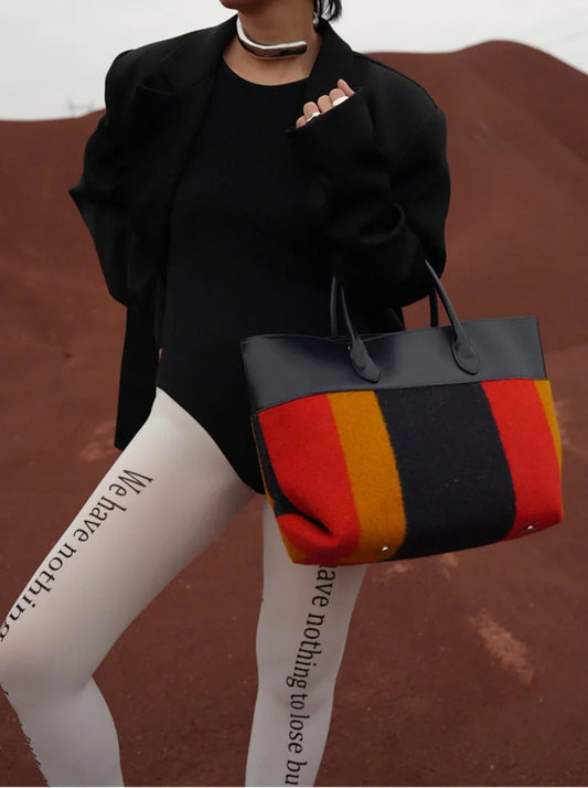 Signature Rainbow Wool & Cowhide Leather Tote, 2025 Fall/Winter Large Colourblock Commuter Shoulder & Handbag for Women