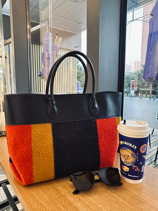 Signature Rainbow Wool & Cowhide Leather Tote, 2025 Fall/Winter Large Colourblock Commuter Shoulder & Handbag for Women