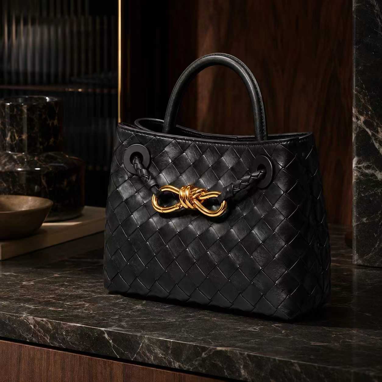 Small Lambskin Leather Knotted Intrecciato Shoulder Bag | Woven Handbag With Metal Buckle, Daily Fashion Designer Bag, Woven Shoulder Purse