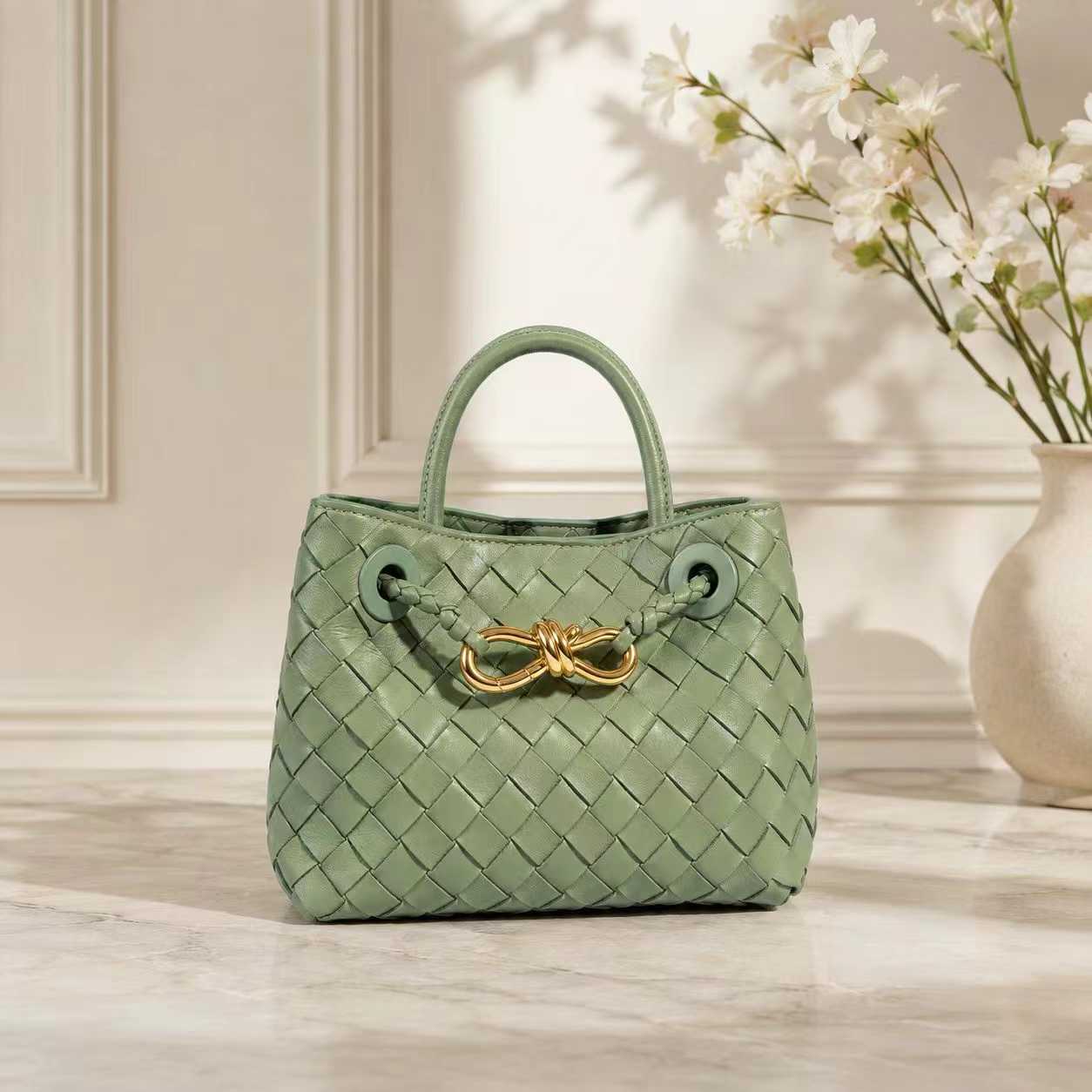 Small Lambskin Leather Knotted Intrecciato Shoulder Bag | Woven Handbag With Metal Buckle, Daily Fashion Designer Bag, Woven Shoulder Purse
