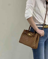 Small Lambskin Leather Knotted Intrecciato Shoulder Bag | Woven Handbag With Metal Buckle, Daily Fashion Designer Bag, Woven Shoulder Purse