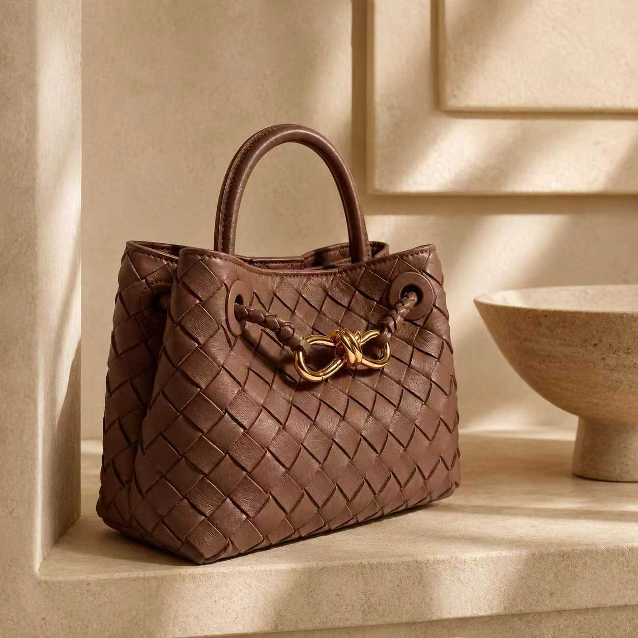 Small Lambskin Leather Knotted Intrecciato Shoulder Bag | Woven Handbag With Metal Buckle, Daily Fashion Designer Bag, Woven Shoulder Purse