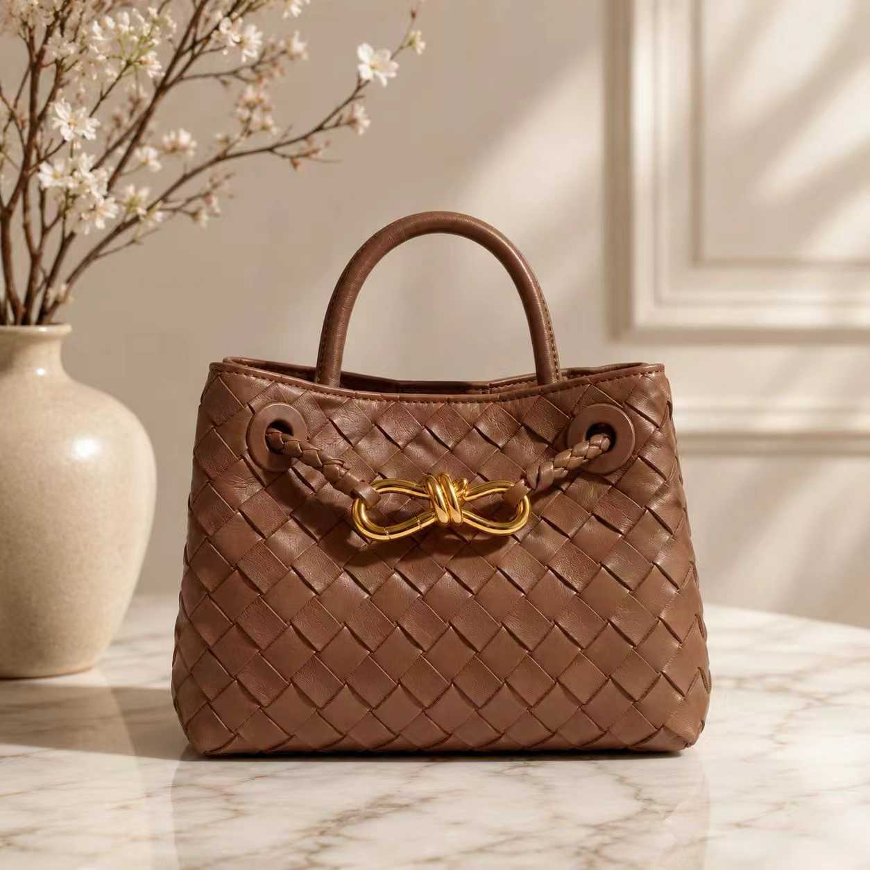 Small Lambskin Leather Knotted Intrecciato Shoulder Bag | Woven Handbag With Metal Buckle, Daily Fashion Designer Bag, Woven Shoulder Purse