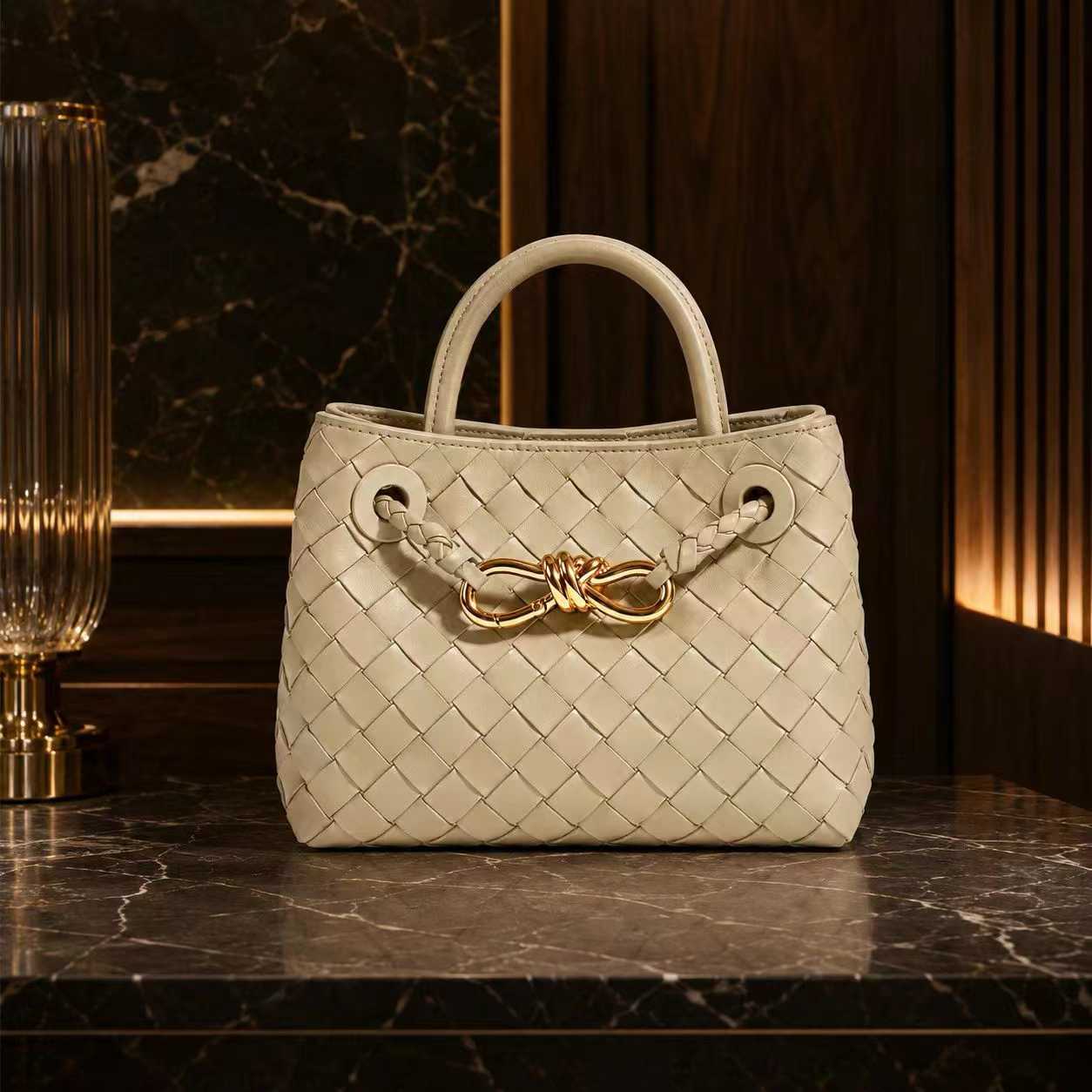 Small Lambskin Leather Knotted Intrecciato Shoulder Bag | Woven Handbag With Metal Buckle, Daily Fashion Designer Bag, Woven Shoulder Purse