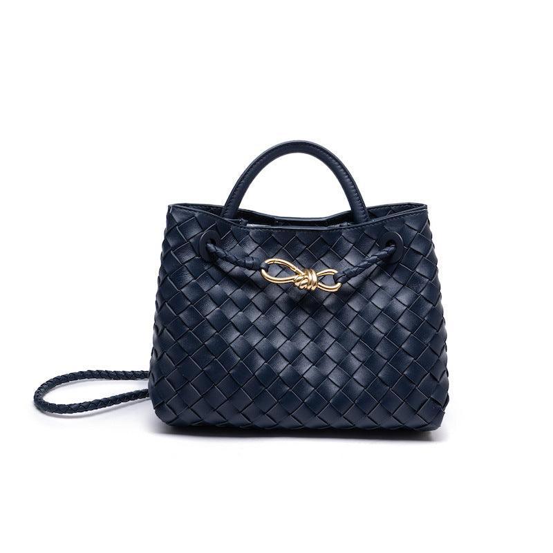 Navy blue woven lambskin leather shoulder bag with gold metal knot buckle and top handle