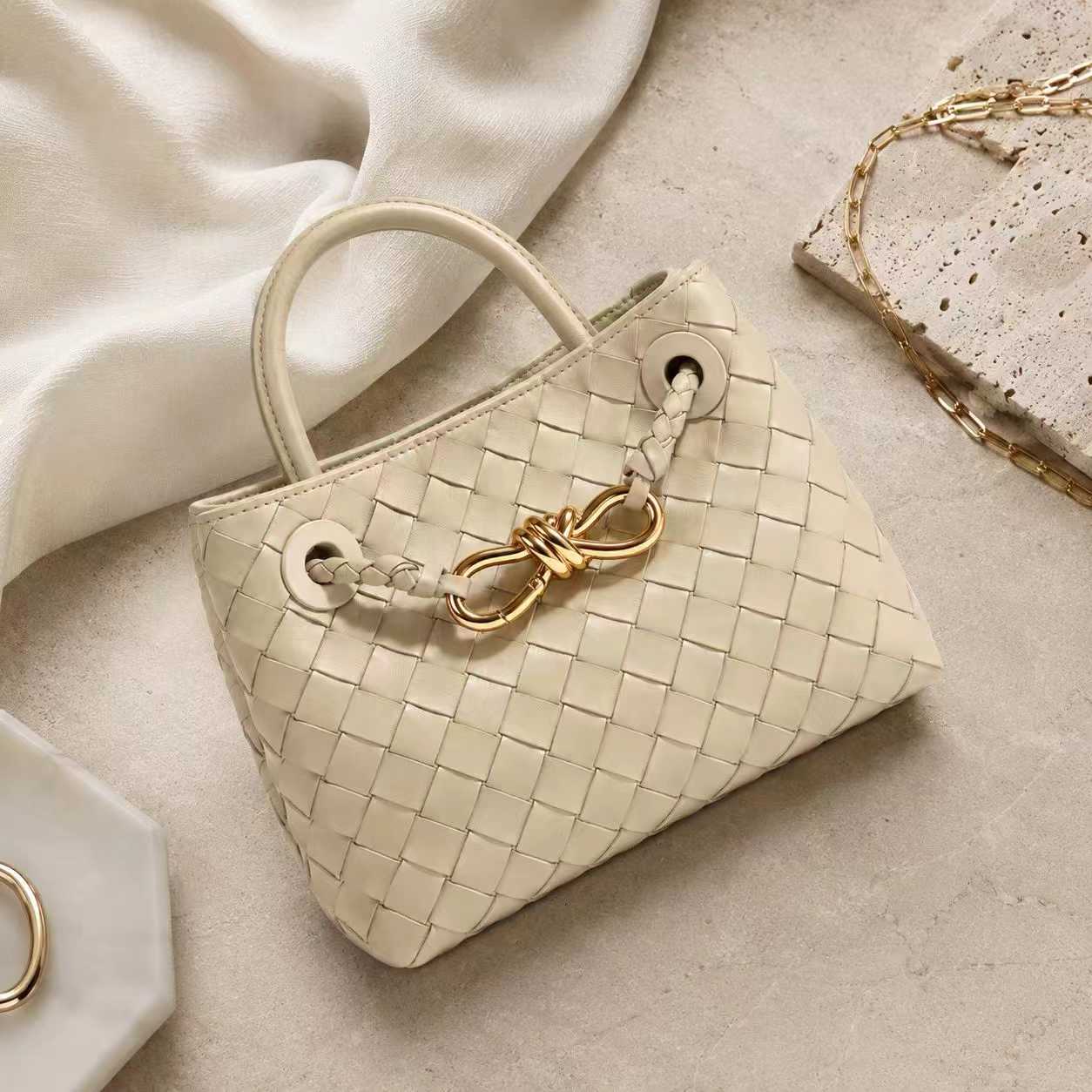 Small Lambskin Leather Knotted Intrecciato Shoulder Bag | Woven Handbag With Metal Buckle, Daily Fashion Designer Bag, Woven Shoulder Purse
