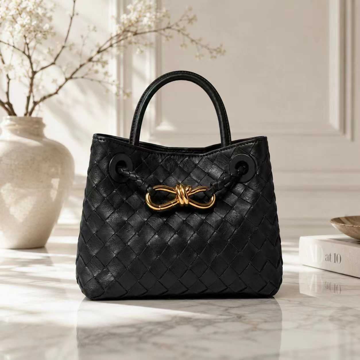 Small Lambskin Leather Knotted Intrecciato Shoulder Bag | Woven Handbag With Metal Buckle, Daily Fashion Designer Bag, Woven Shoulder Purse