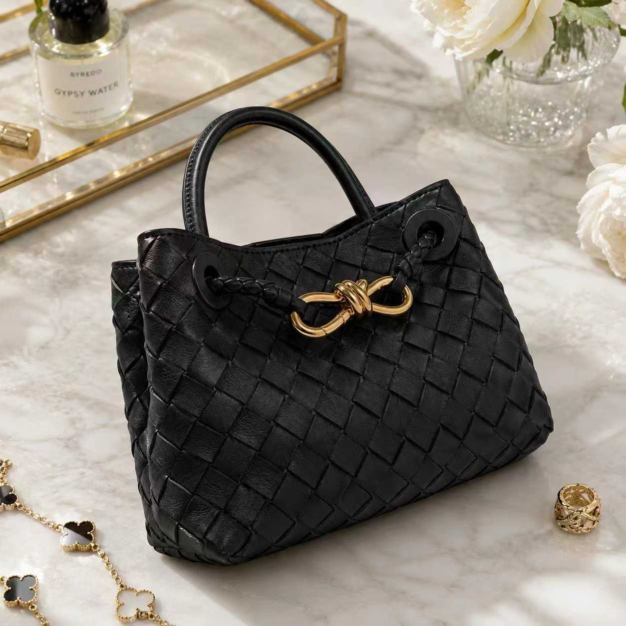Small Lambskin Leather Knotted Intrecciato Shoulder Bag | Woven Handbag With Metal Buckle, Daily Fashion Designer Bag, Woven Shoulder Purse