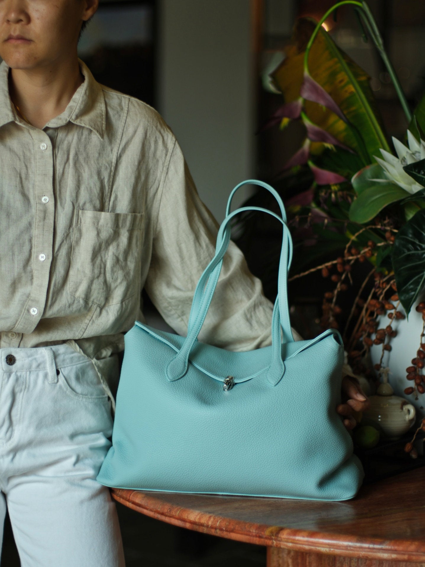 Soft Cowhide Leather Tote Bag |  Minimalist Pebbled Shoulder Handbag with Turn-Lock Closure | Large Everyday Work Bag for Women