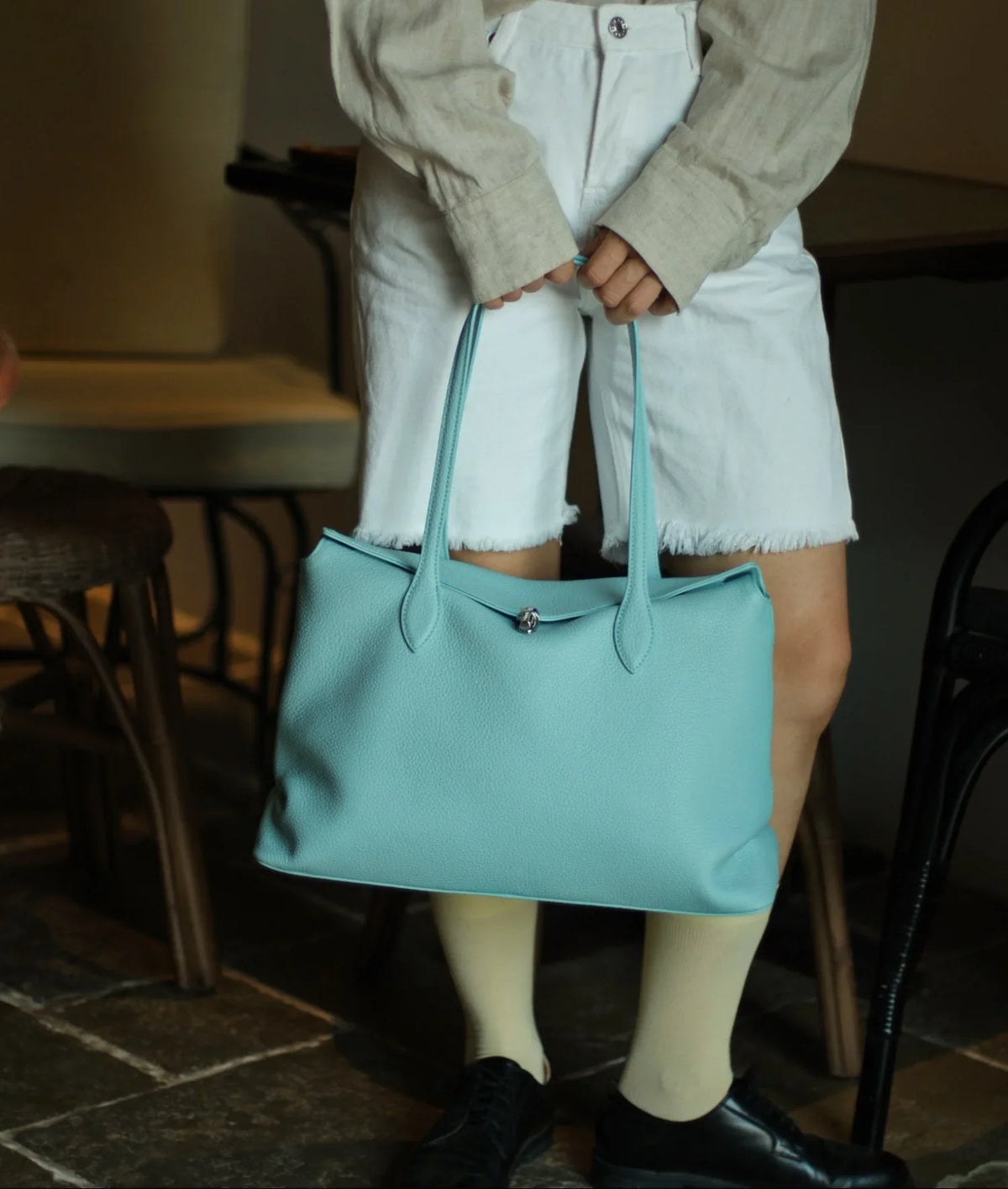 Soft Cowhide Leather Tote Bag |  Minimalist Pebbled Shoulder Handbag with Turn-Lock Closure | Large Everyday Work Bag for Women