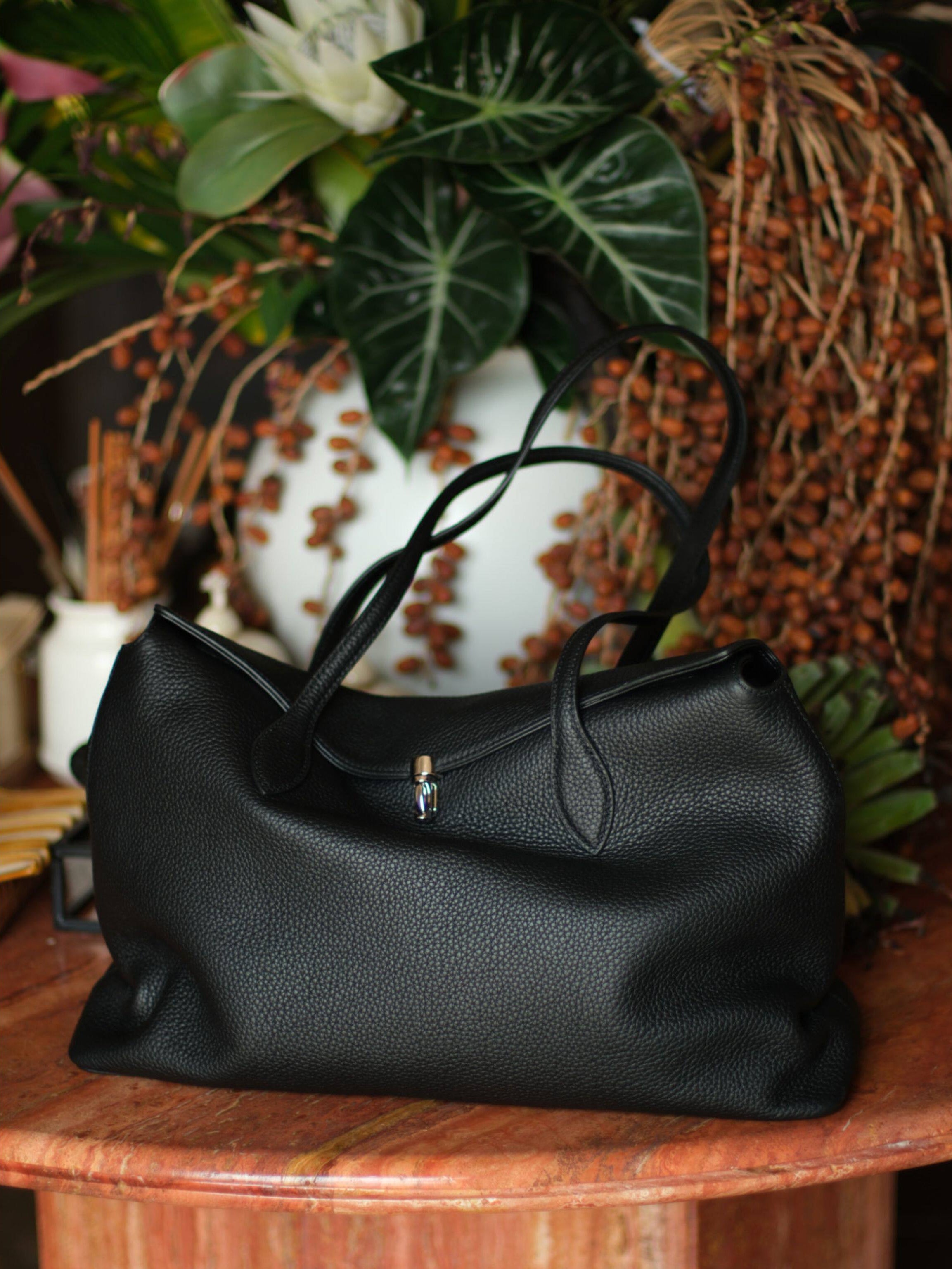 Soft Cowhide Leather Tote Bag |  Minimalist Pebbled Shoulder Handbag with Turn-Lock Closure | Large Everyday Work Bag for Women
