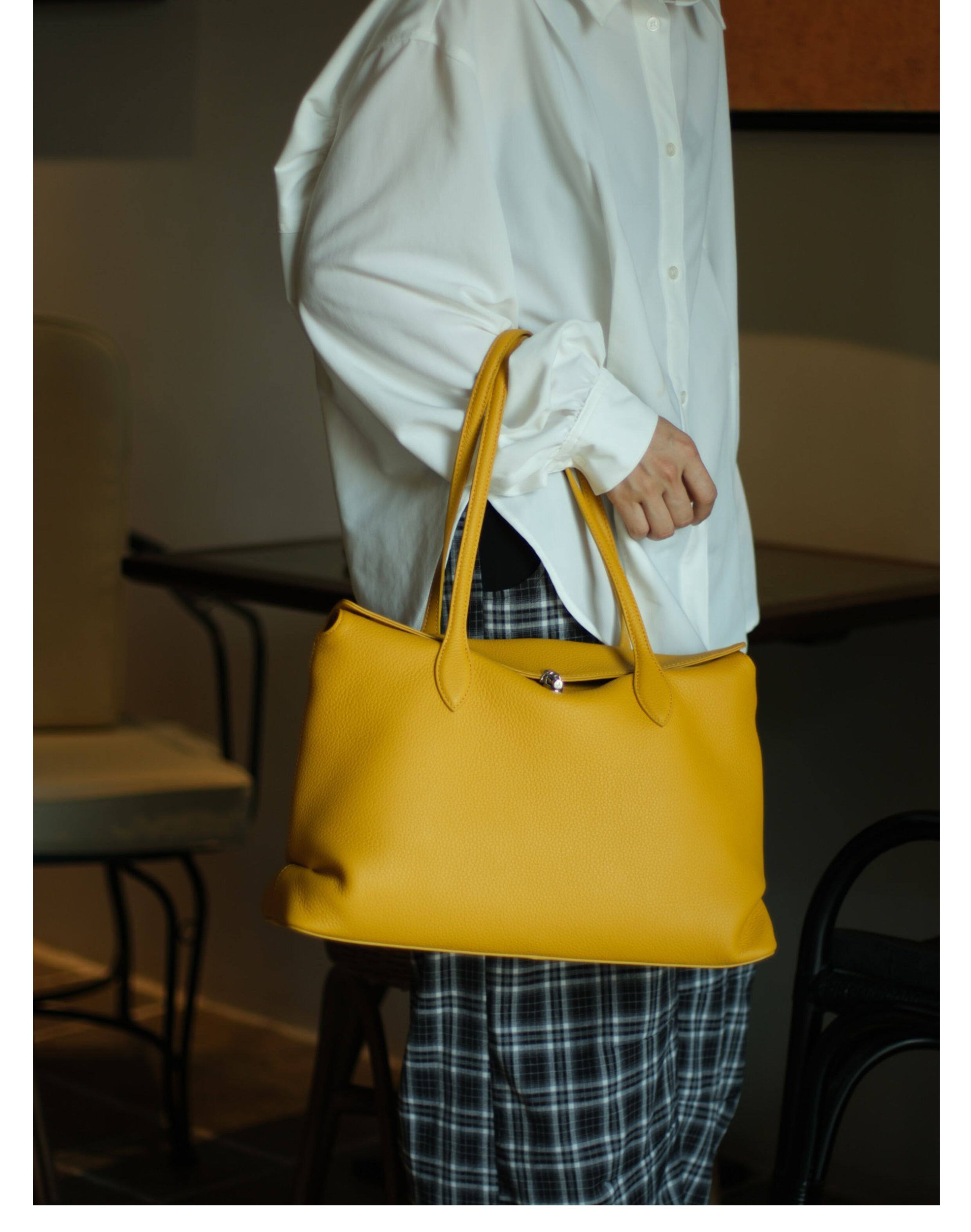 Soft Cowhide Leather Tote Bag |  Minimalist Pebbled Shoulder Handbag with Turn-Lock Closure | Large Everyday Work Bag for Women