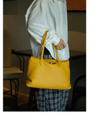 Soft Cowhide Leather Tote Bag |  Minimalist Pebbled Shoulder Handbag with Turn-Lock Closure | Large Everyday Work Bag for Women