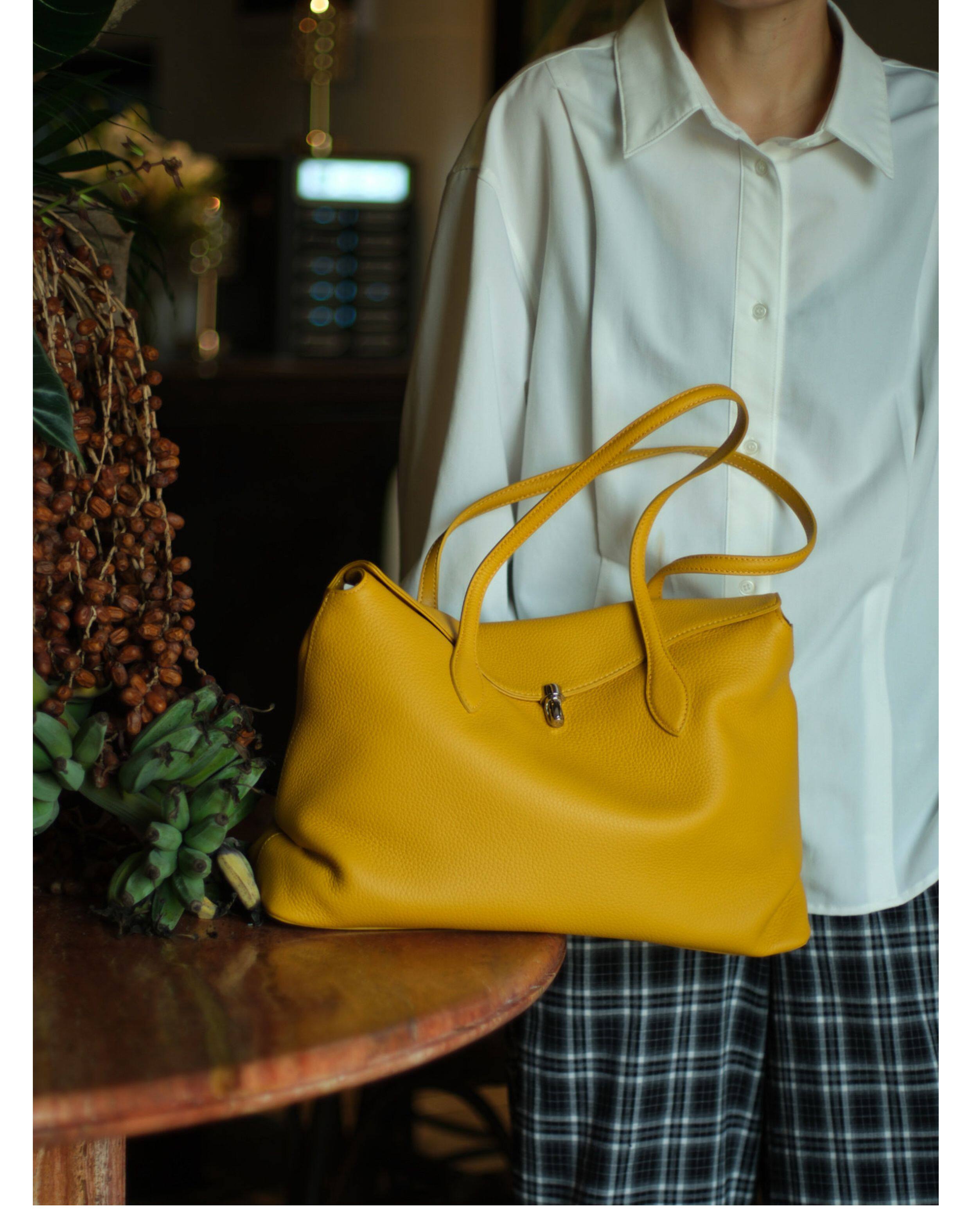 Soft Cowhide Leather Tote Bag |  Minimalist Pebbled Shoulder Handbag with Turn-Lock Closure | Large Everyday Work Bag for Women