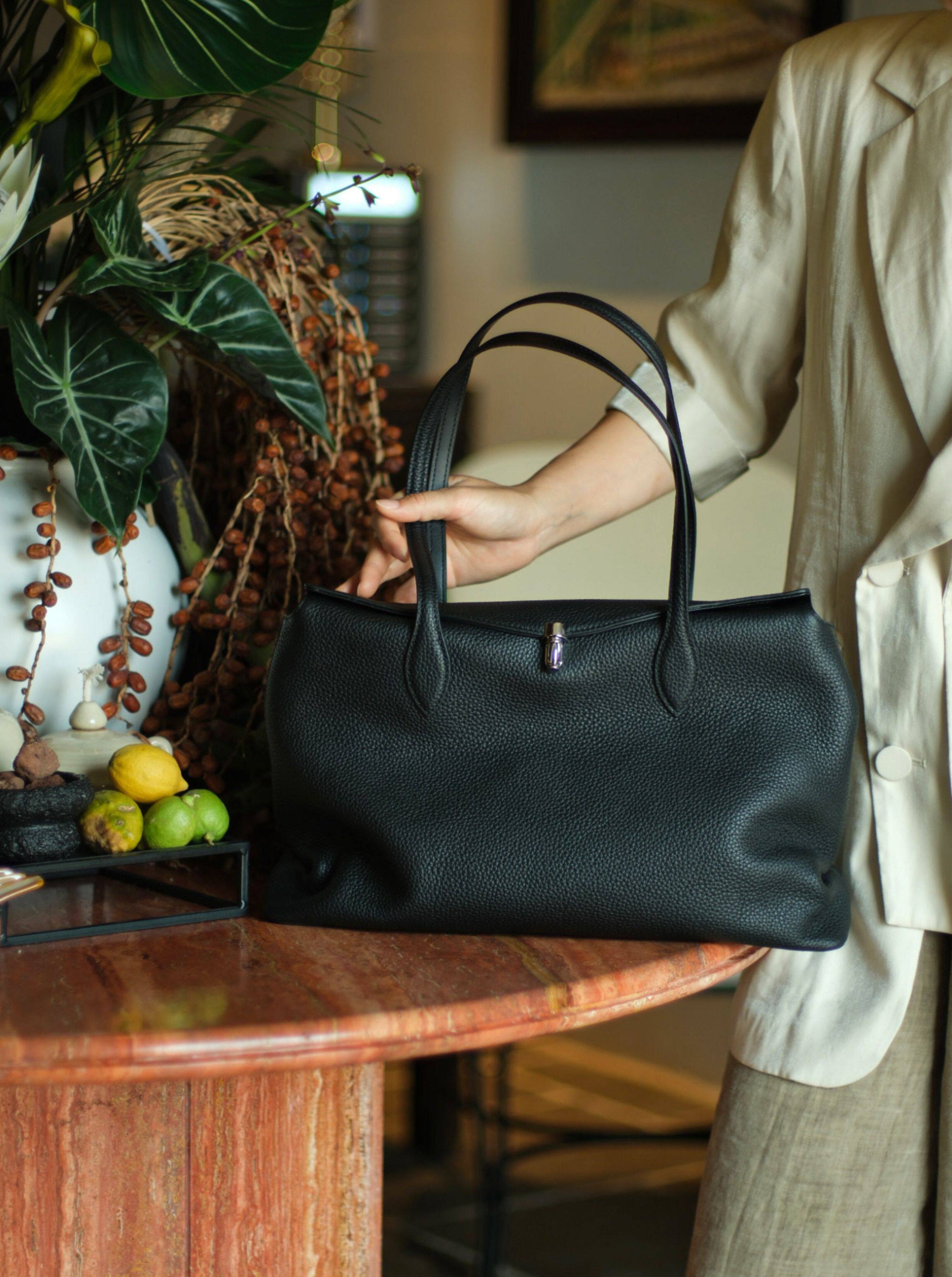 Soft Cowhide Leather Tote Bag |  Minimalist Pebbled Shoulder Handbag with Turn-Lock Closure | Large Everyday Work Bag for Women