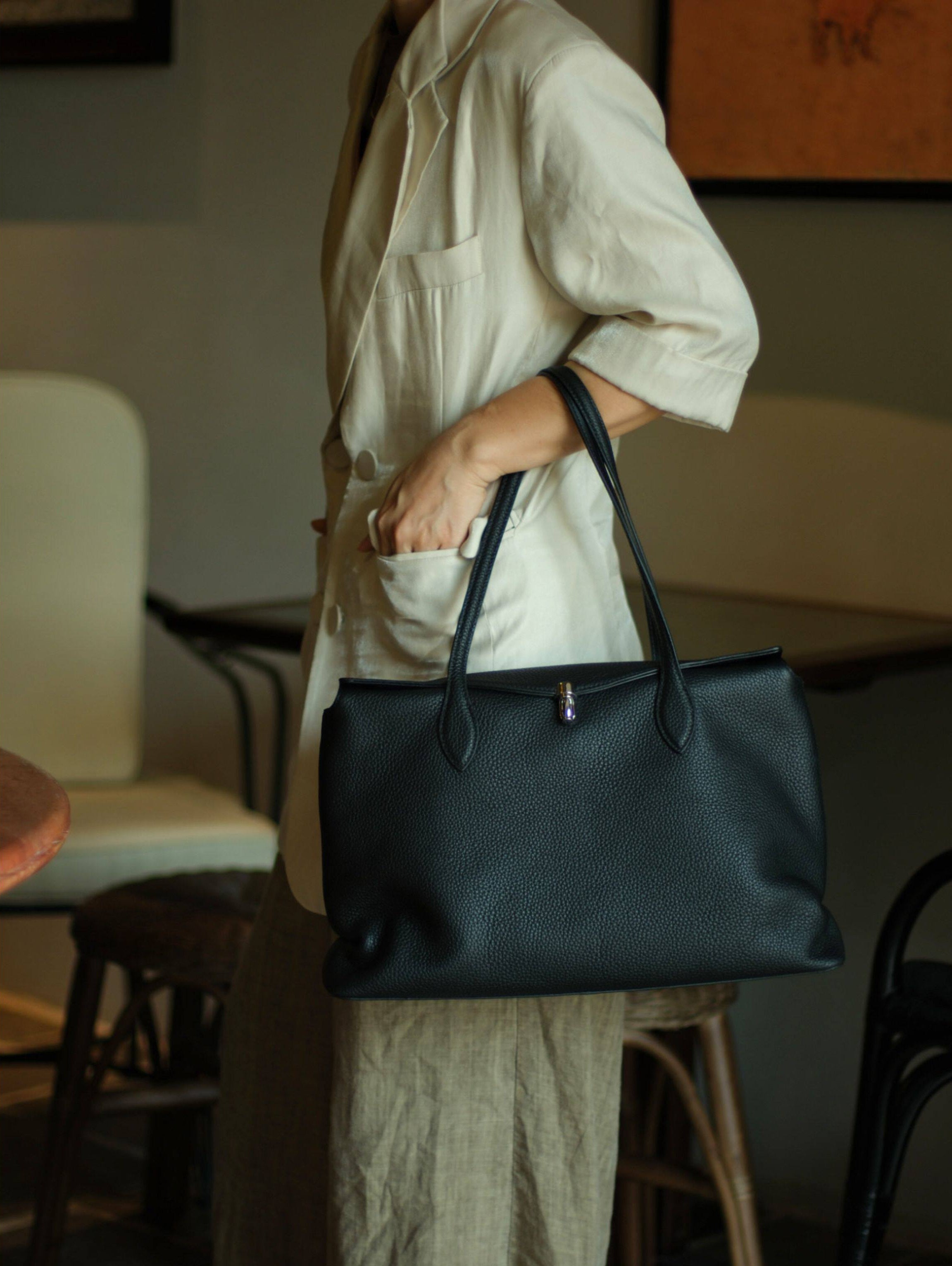Soft Cowhide Leather Tote Bag |  Minimalist Pebbled Shoulder Handbag with Turn-Lock Closure | Large Everyday Work Bag for Women